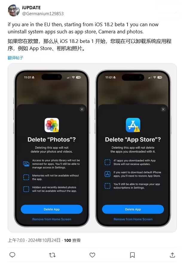 沿滩苹果手机维修分享iOS 18.2 支持删除 App Store 应用商店 