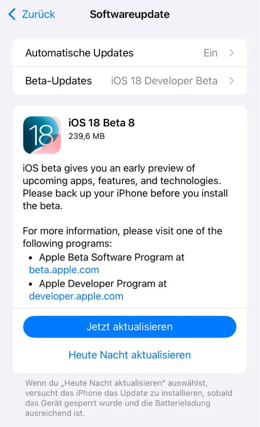 沿滩苹果手机维修分享苹果 iOS / iPadOS 18 开发者预览版 Beta 8 发布 